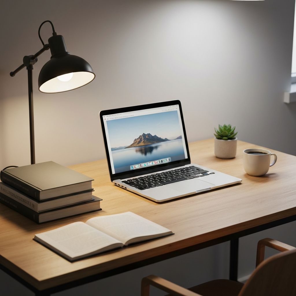 Books and laptop on study desk